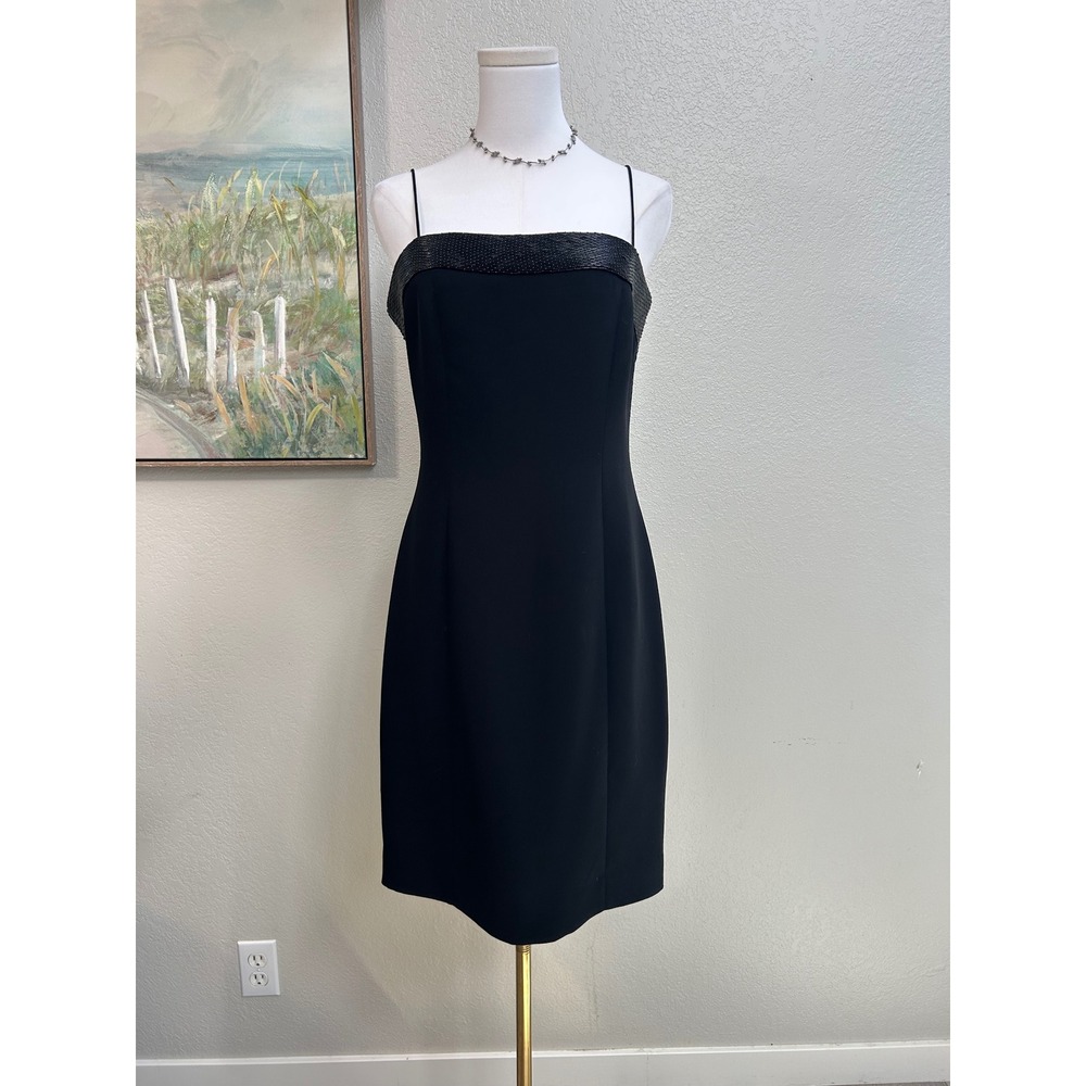 Vintage Jones New York Black Beaded Midi Dress 8 90s Minimalist Cocktail